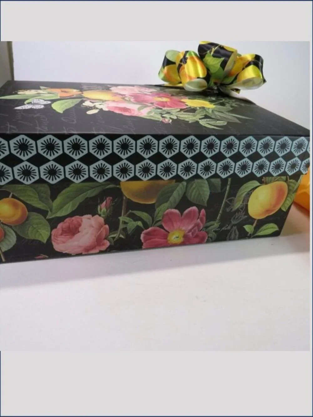 VTG Victorian Black Botanical Floral & Fruit Gift Box Storage 11x8 With Bow